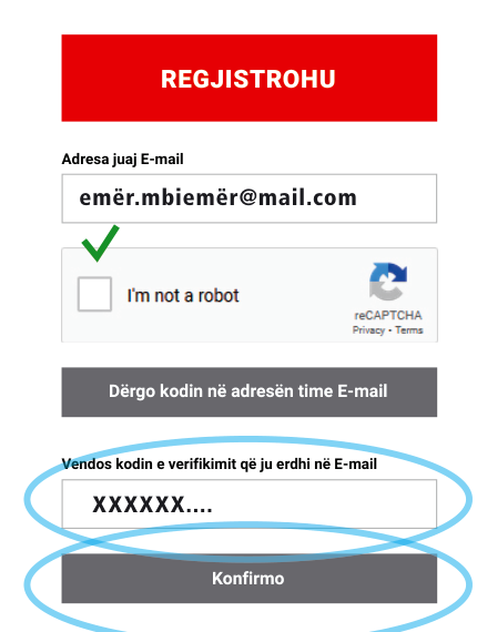 Kodi i verifikimit i vendosur dhe butoni Konfirmo